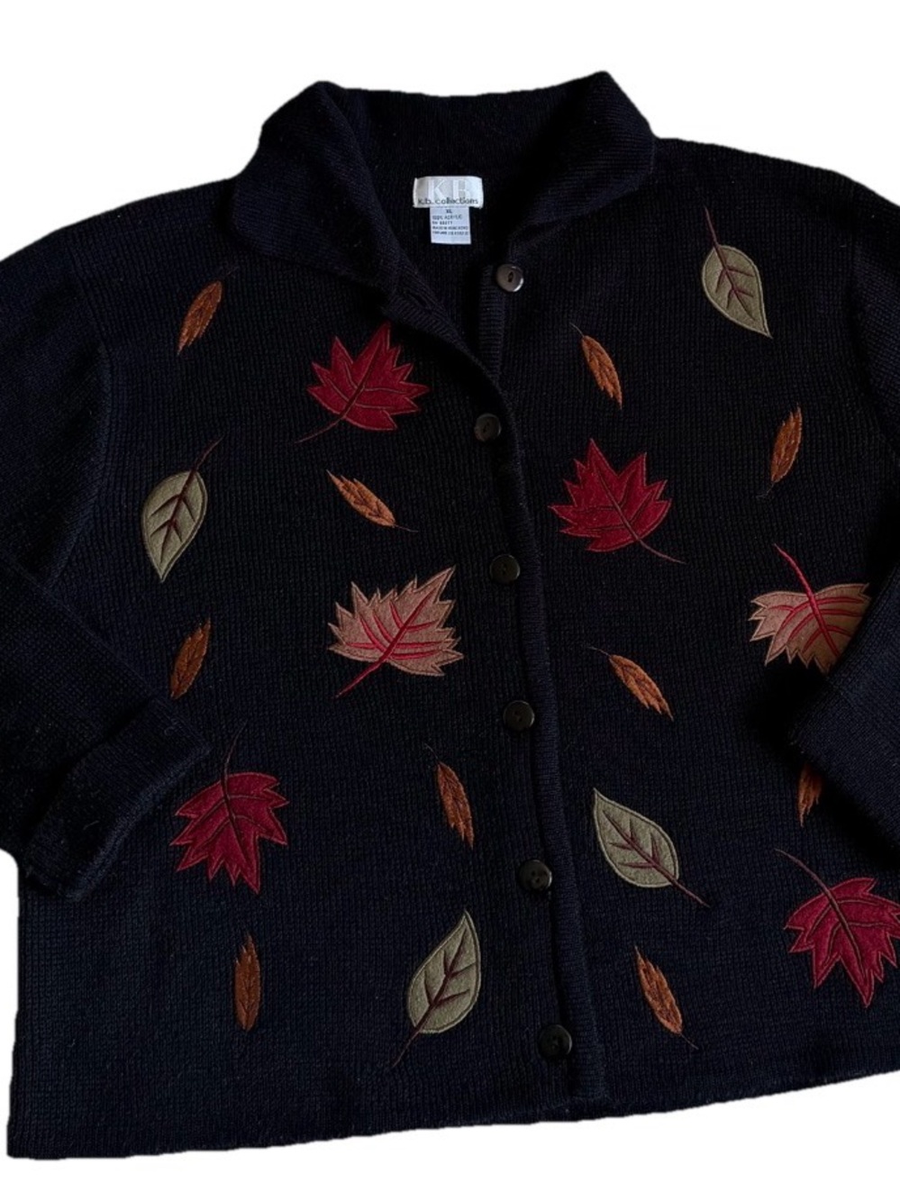 Vtg KB Collections Embroidered Fall Leaf Cardigan Black Knit Sweater Cottagecore